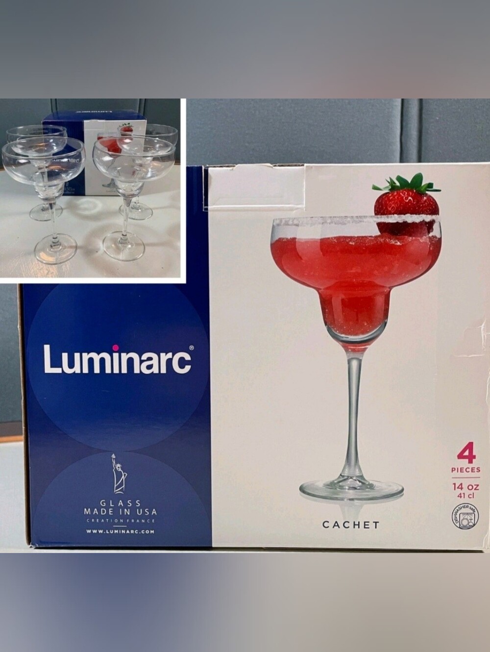 Luminarc Margarita Daqauri Cocktail Cachet Glass Set Made in USA, 14 oz 4-pack